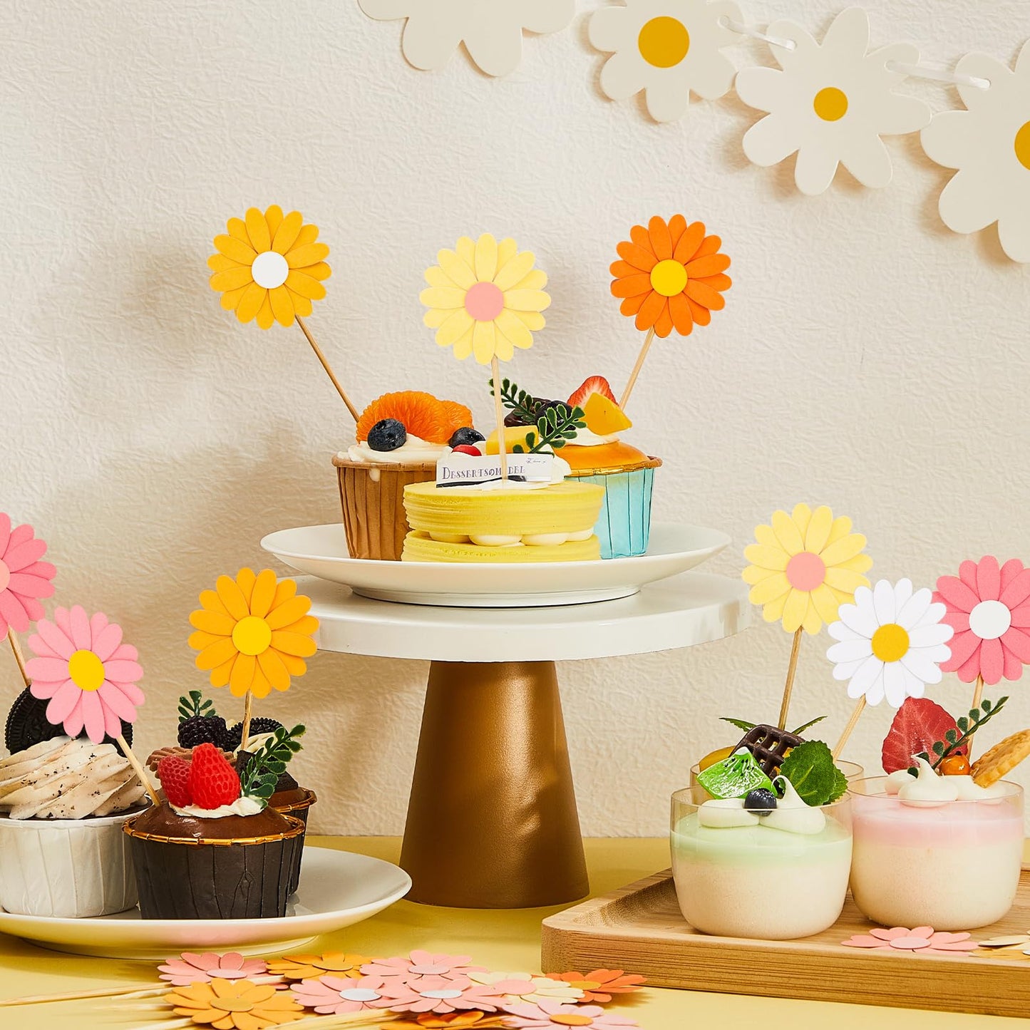 Henoyso 48 Pcs Daisy Cupcake Toppers Groovy Spring Flower Cake Topper