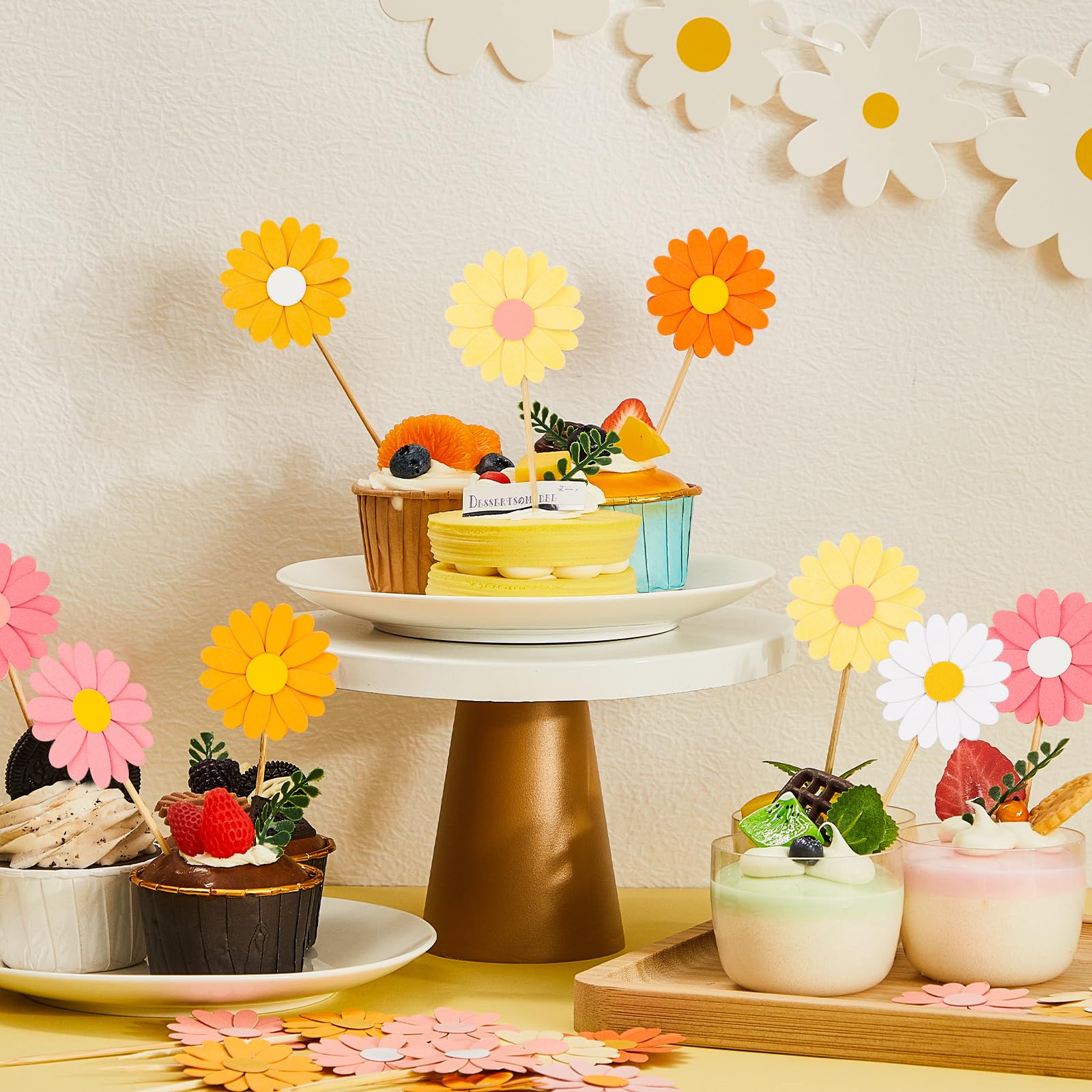Henoyso 48 Pcs Daisy Cupcake Toppers Groovy Spring Flower Cake Topper