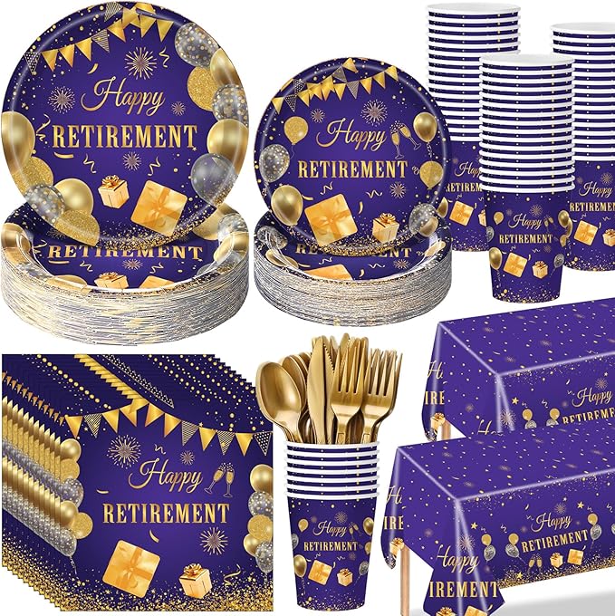 194 Pcs Purple Gold Happy Retirement Party Decorations Supplies