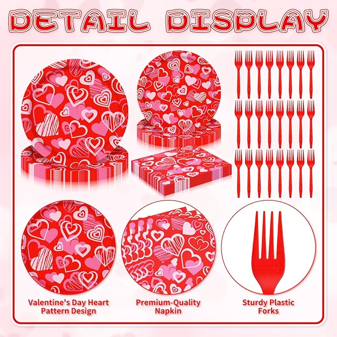 96 Pieces Valentine's Day Tableware Set Red Heart Disposable Plates