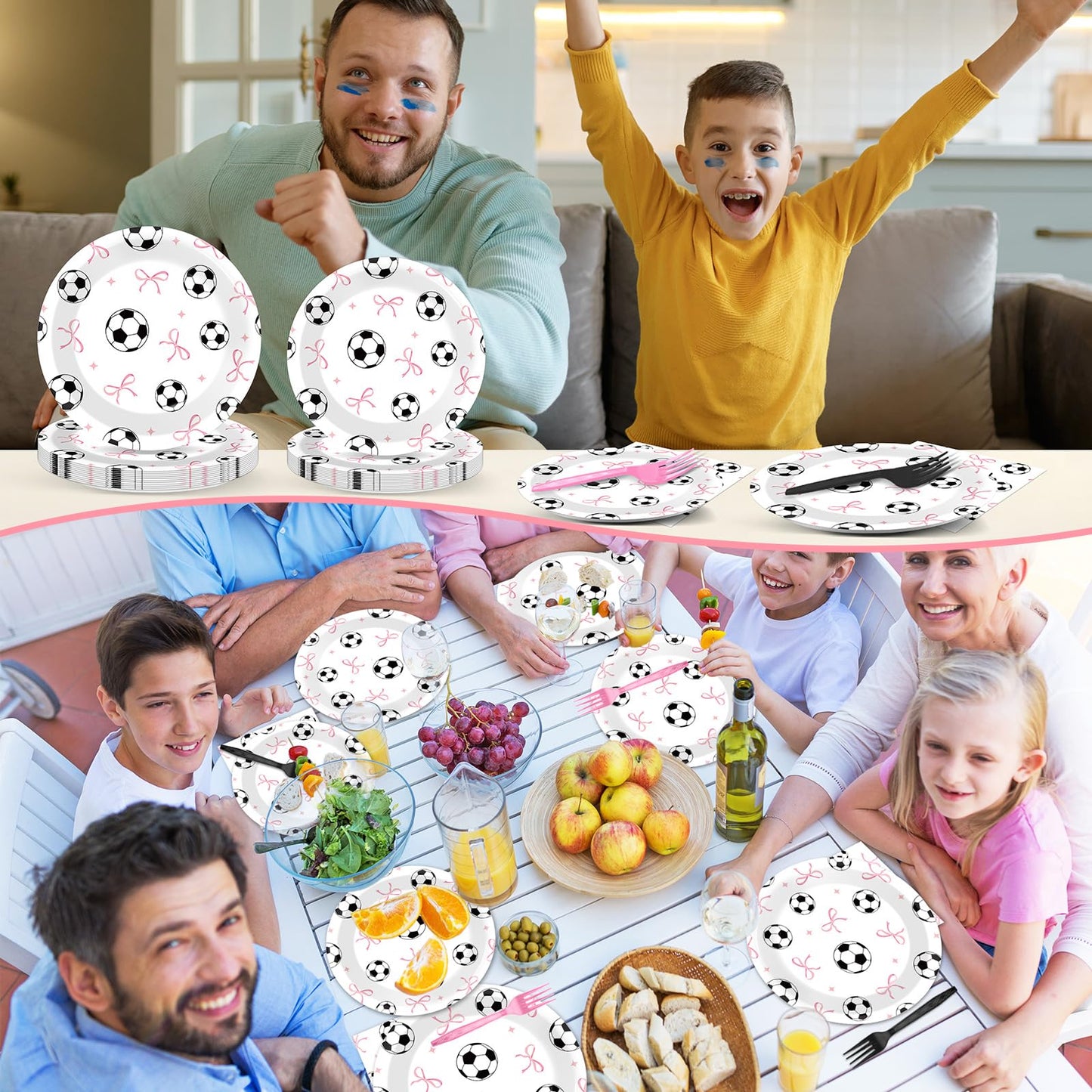 96PCS Soccer and Bow Party Paper Plates and Napkins for Sports Themed