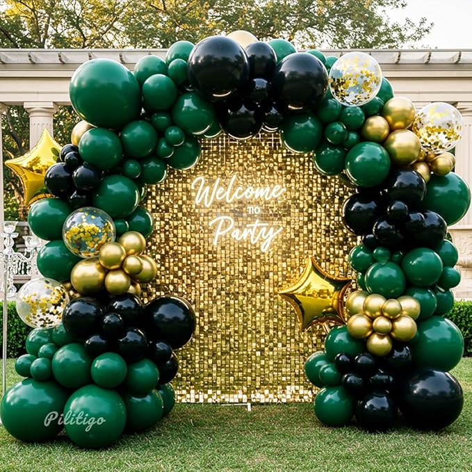 Double Stuffed Dark Green Black Gold Balloon Arch Kit 104Pcs Emerald