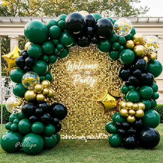 Double Stuffed Dark Green Black Gold Balloon Arch Kit 104Pcs Emerald
