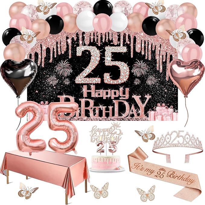 25th Birthday Decorations for Women 49pcs Black Rose Gold Black