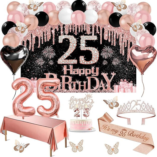 25th Birthday Decorations for Women 49pcs Black Rose Gold Black