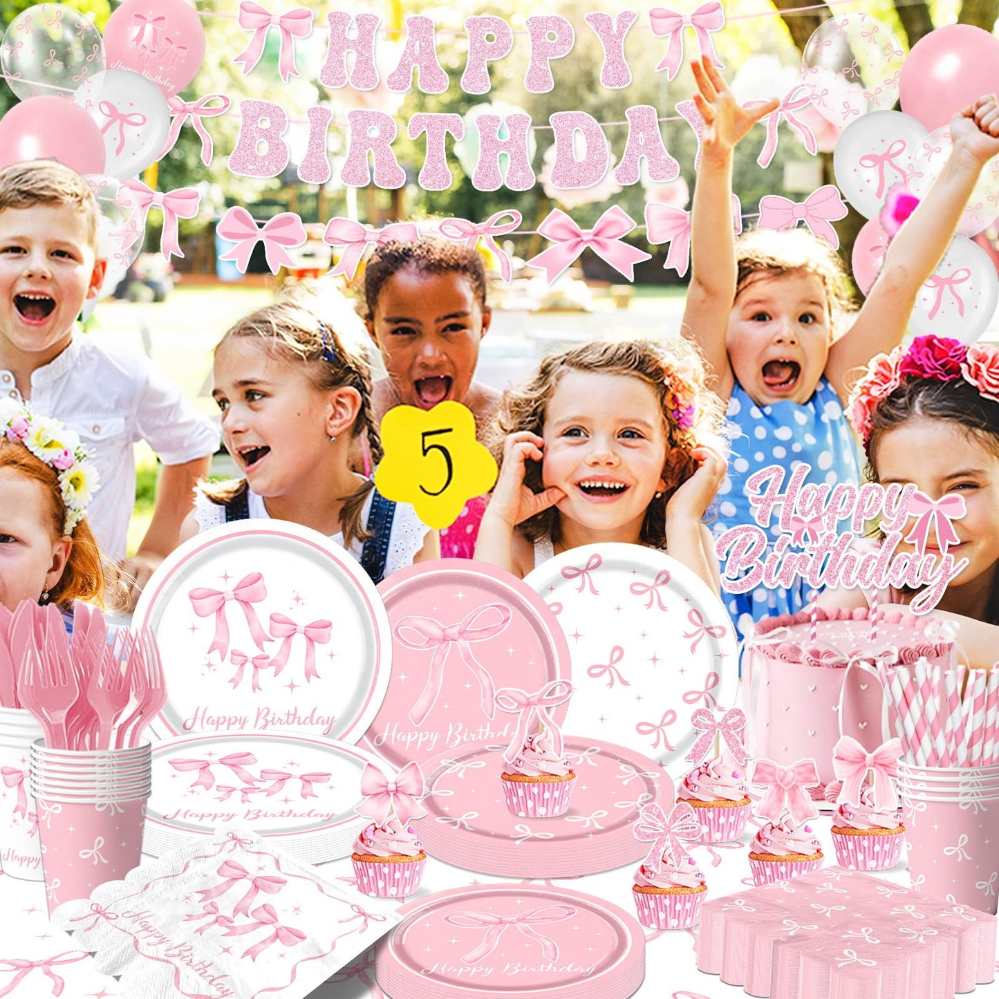 Pink Bow Birthday Party Supplies Serve 24, Coquette Birthday
