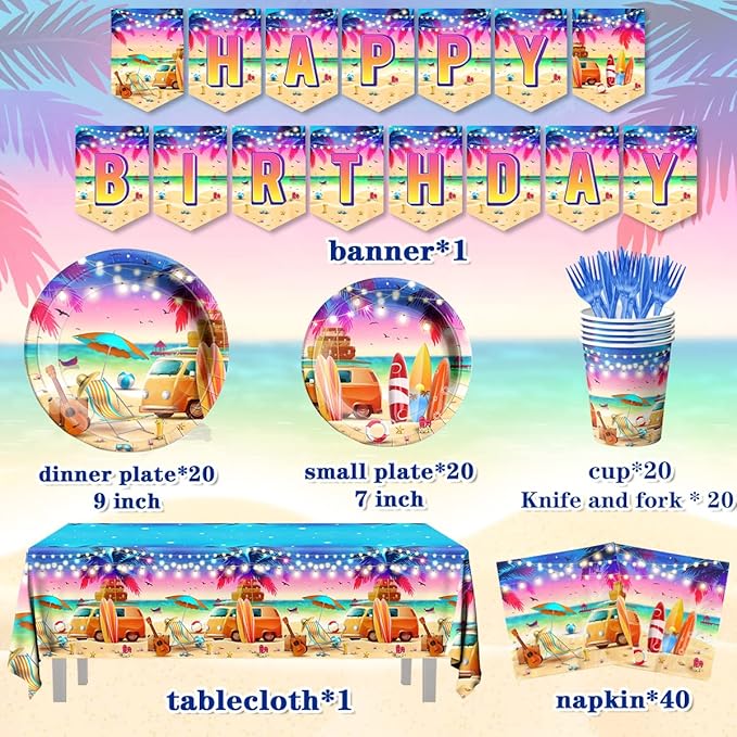 142pcs Sunset Beach Summer Tableware Set Beach Theme Party