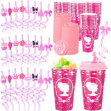 36 Sets Pink Princess Party Favors Goodie Cups with Lids and Straws