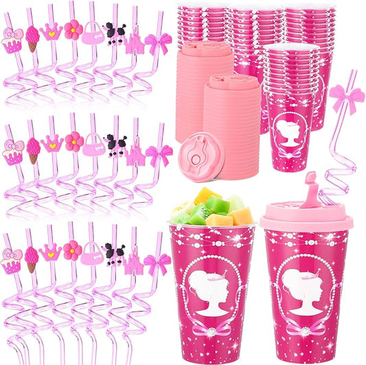 16 Sets Pink Princess Party Favors Goodie Cups with Lids and Straws