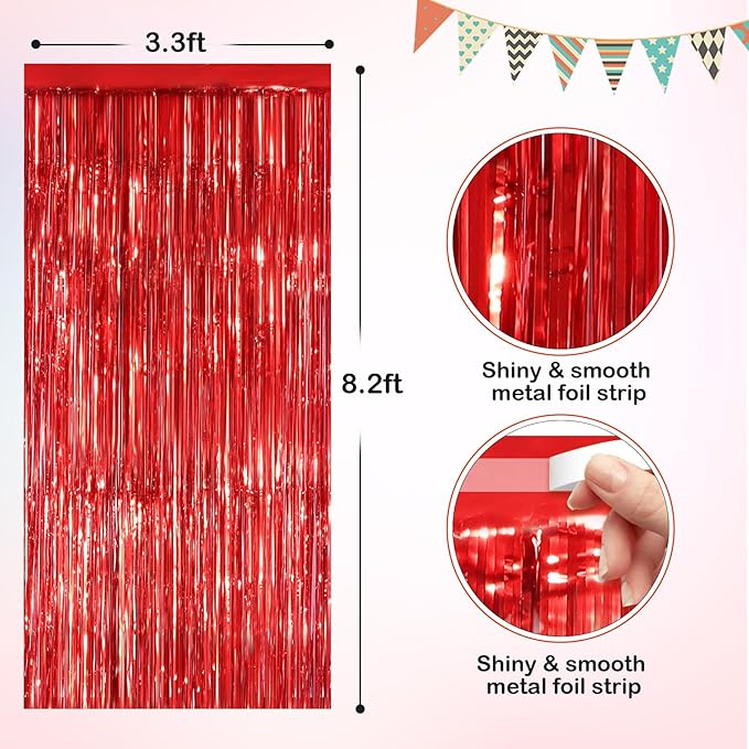 Red Metallic Tinsel Foil Fringe Curtains, 4 Pack 3.3x8.3 Feet