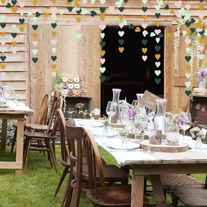 Sage-Green Mint Pink-Gold Love-Heart Garland - 52Ft Rustic Wedding