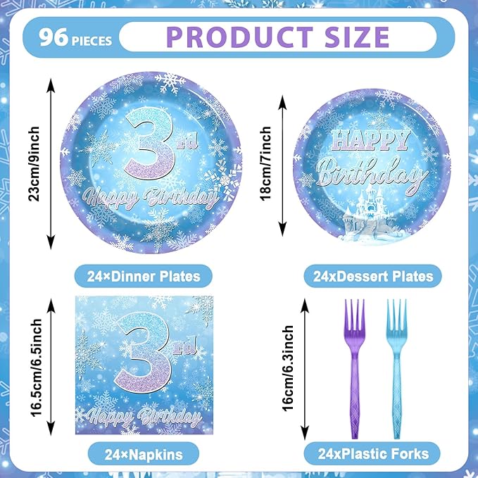 Snowflake Winter Wonderland 3rd Birthday Paper Plates Napkins Forks