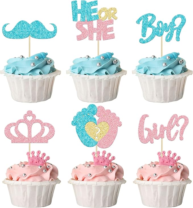 24Pcs Boy or Girl Cupcake Toppers Pink Blue Glitter Crown Moustache