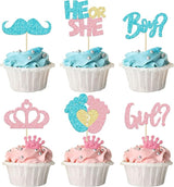 24Pcs Boy or Girl Cupcake Toppers Pink Blue Glitter Crown Moustache