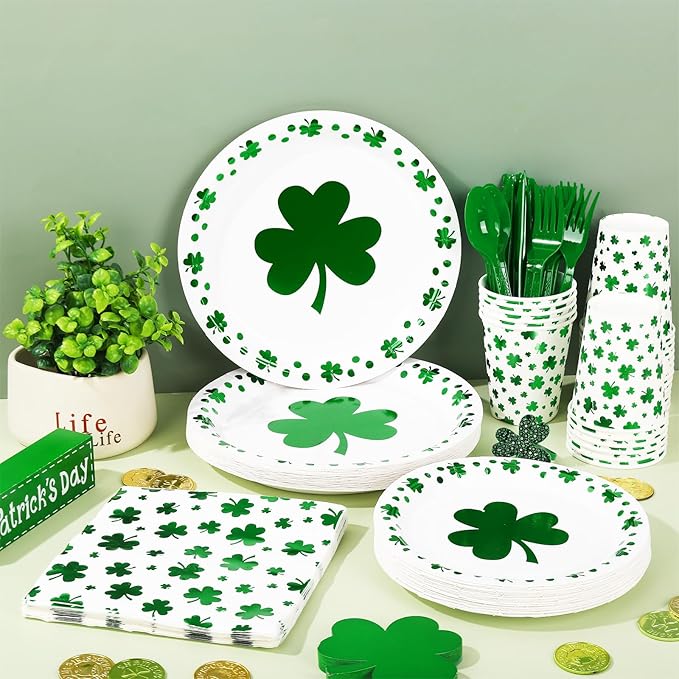 168Pcs St Patrick's Day Tableware Set Foil Green Shamrock Disposable