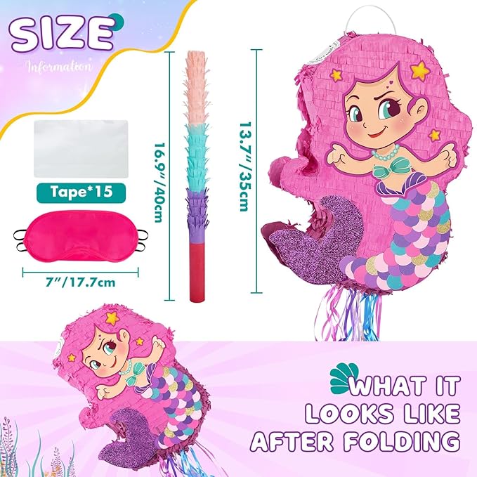 Foldable Mermaid Piñata Pull String Mermaid Birthday Party