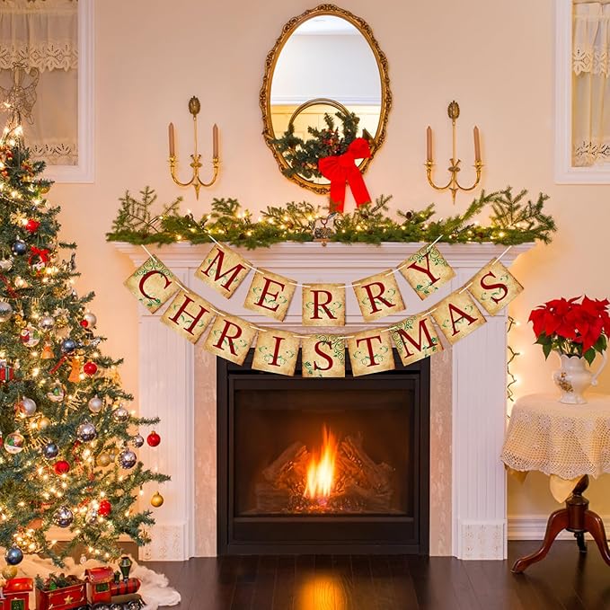 Merry Christmas Banner Vintage Christmas Garlands Decorations for