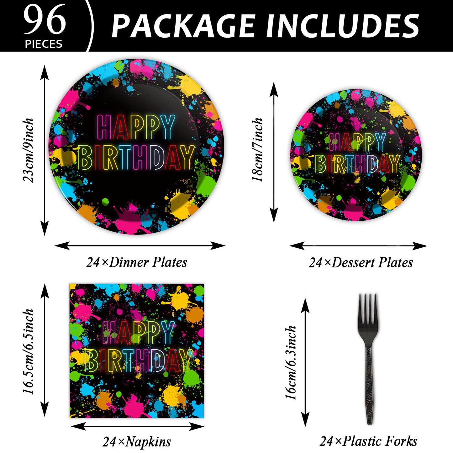 chiazllta 96 Pcs Neon Party Paper Plate and Napkins Neon Birthday