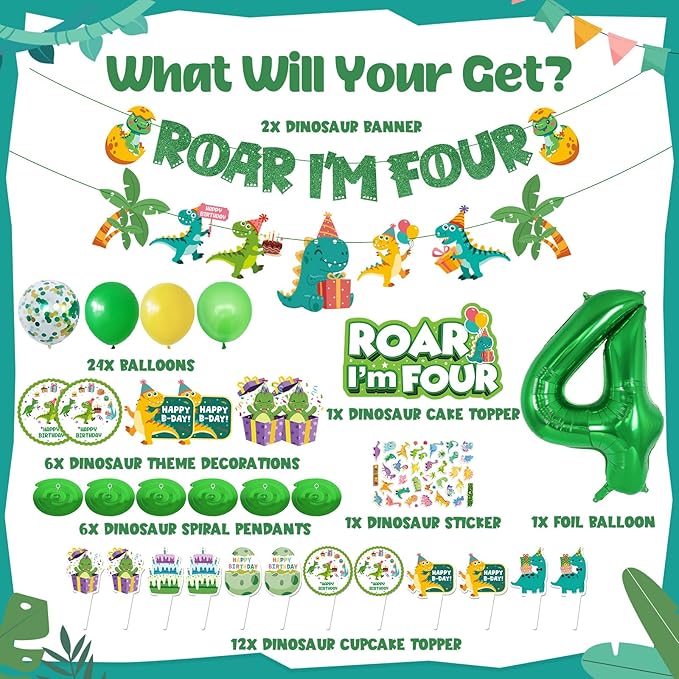 Roar Im 4 Dinosaur Party Decorations Boy Dinosaur 4th Birthday