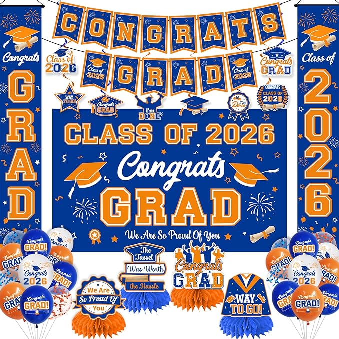 Graduation Decorations 2026 Blue and Orange Graduation Party Decor