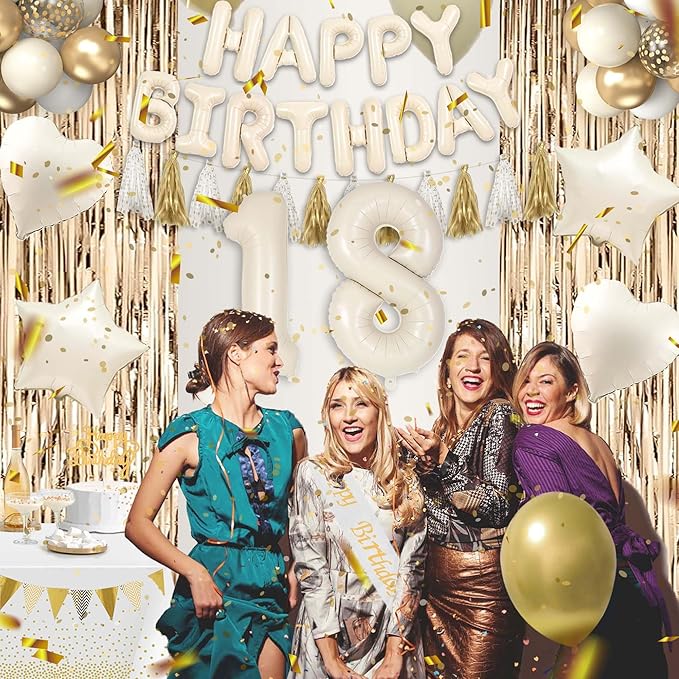 18th Birthday Decorations for Girls Women, White and Gold 18 Boho