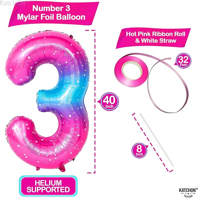 KatchOn, Rainbow 40 Inch 3 Balloon - Pink Blue | 3rd Birthday