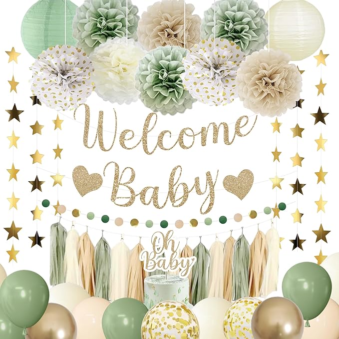 Amandir Baby Shower Decorations Sage Green Balloons Welcome Baby