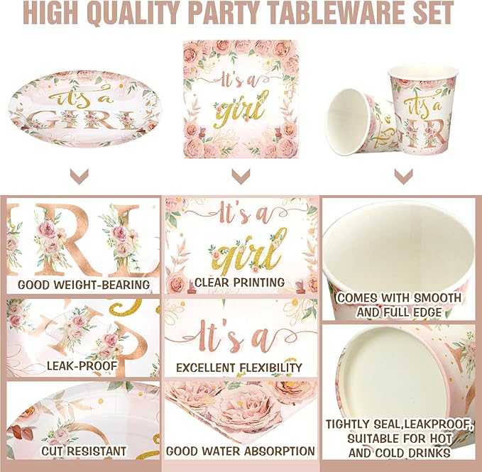 200 Pcs Floral Baby Shower Paper Plates Napkins Cups Baby Shower
