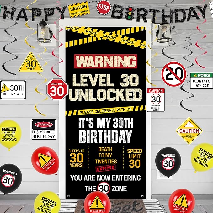30th Birthday Decorations Men Women Caution Logo Level 30 Unlocked
