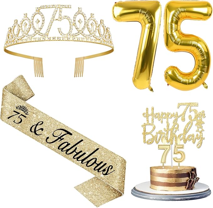 75th Birthday Decorations Women's Sash & Tiara Cake Toppers Number