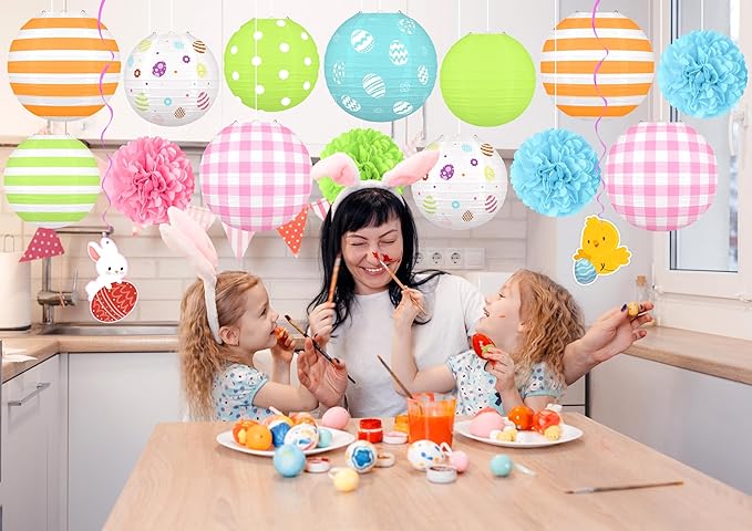 16pcs Easter Party Hanging Decorations Pastel Paper Lanterns and Pom