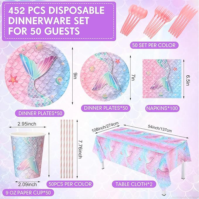 452 Pcs Mermaid Party Decorations Include Sea Mermaid Paper Plates