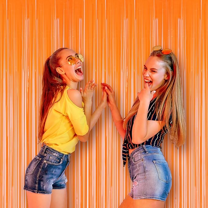 Voircoloria 2 Pack Orange Foil Fringe Backdrop Curtains, Tinsel