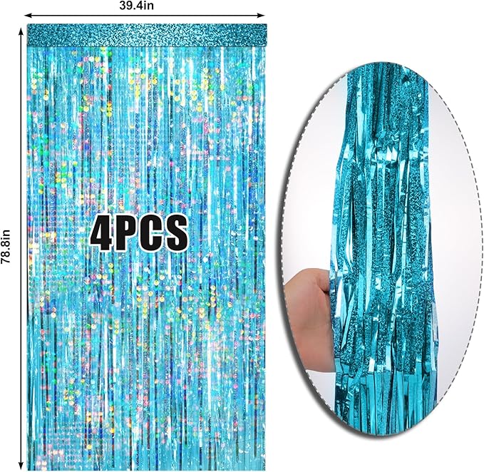 4 Packs Blue Foil Fringe Curtain, Light Blue Glitter Metallic Tinsel