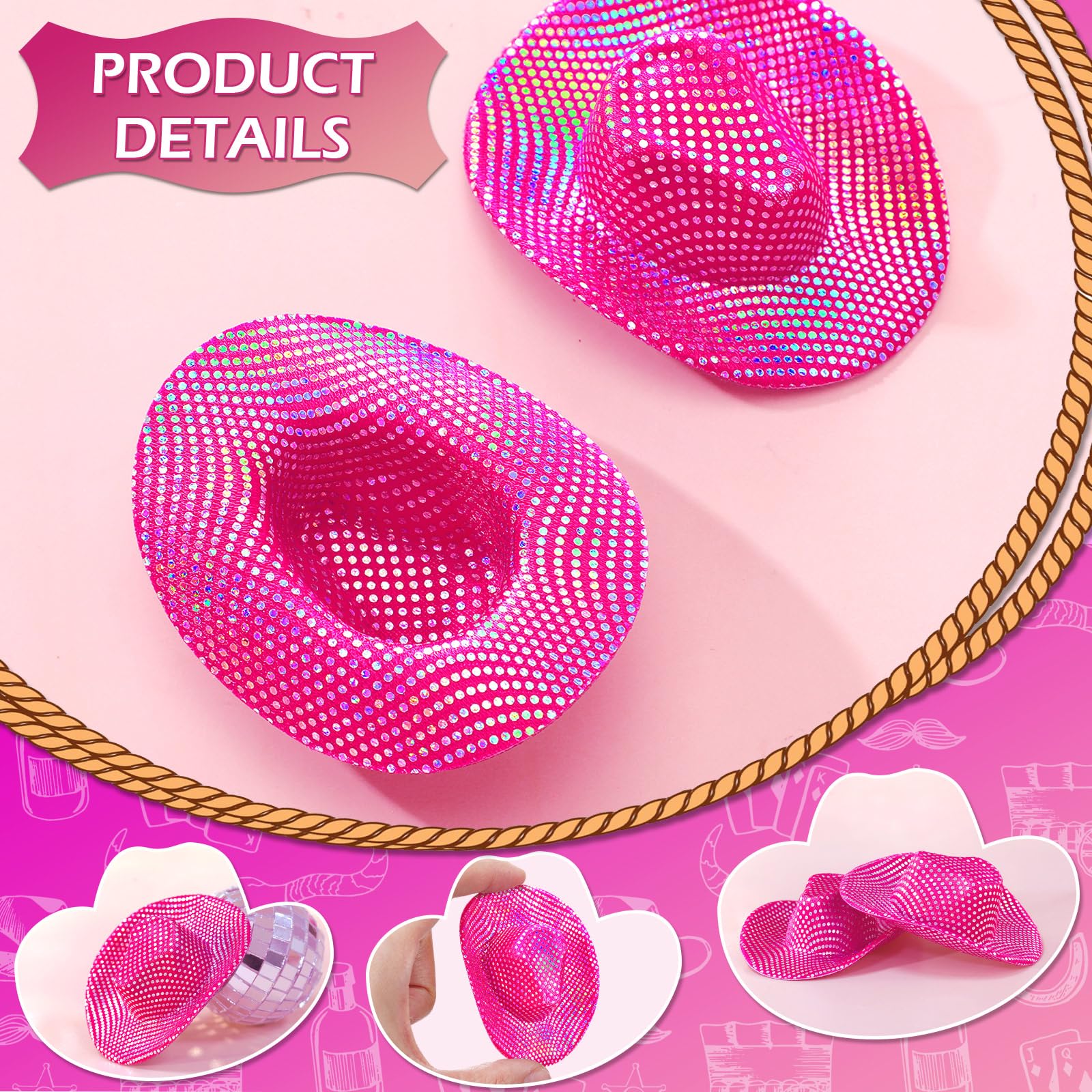 Sotiff 12 Pcs Mini Cowboy Hat Tiny Disco Glitter Hats for Crafts