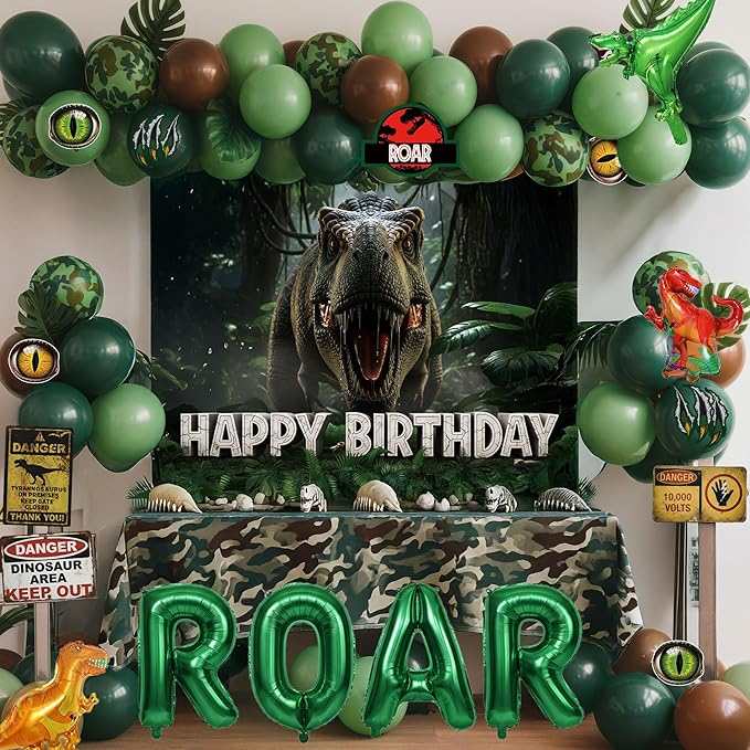 Dinosaur Birthday Decorations with Hunter Green Brown balloon arch &