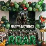 Dinosaur Birthday Decorations with Hunter Green Brown balloon arch &