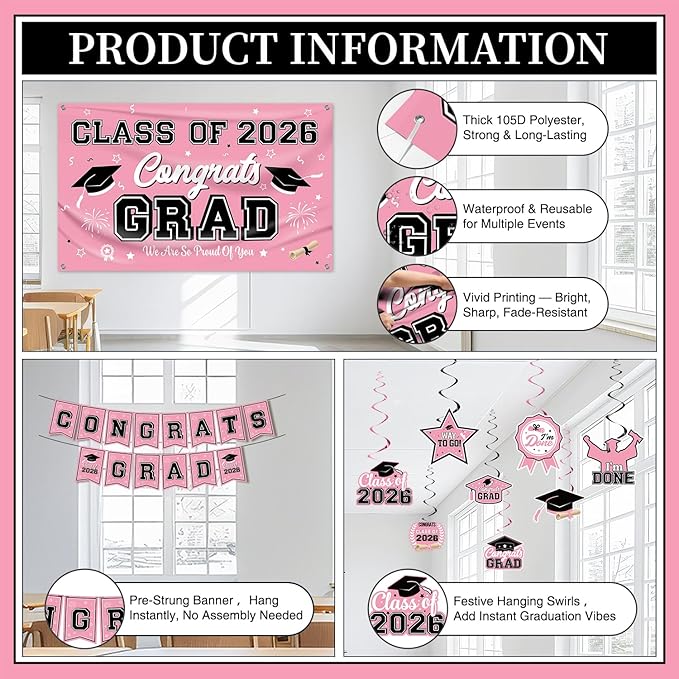 Graduation Decorations 2026 Pink Graduation Party Decor Set include