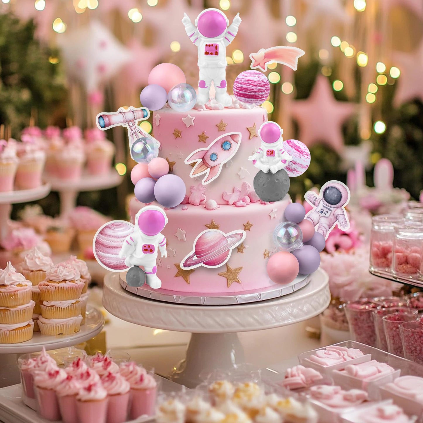27 PCS Pink Space Cake Toppers Astronaut Figurines Outer Space
