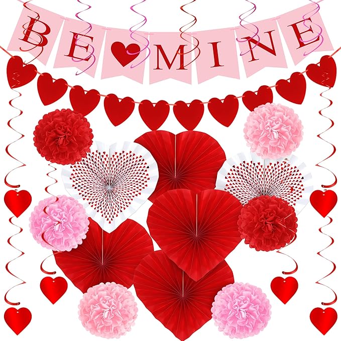 26PCS Valentines Decorations Happy Valentines BE MINE Banner Heart