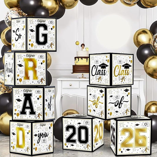OHOME 8 Pack Graduation Decorations 2026 - Black Gold Balloon Boxes