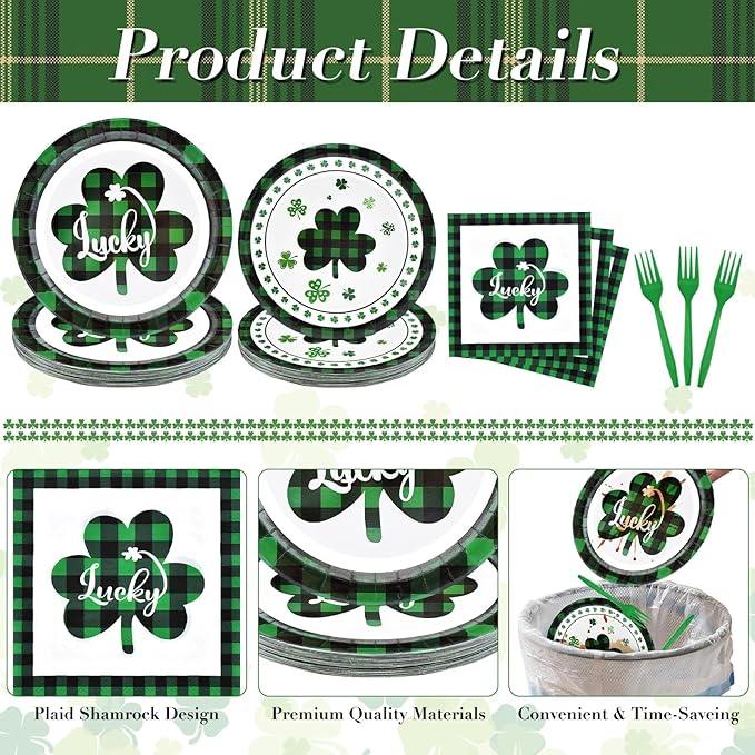 96 Pieces St Patrick's Day Tableware Set Green and Black Plaid