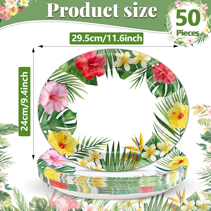 50Pcs Hawaiian Luau Oval Plates Aloha Floral Disposable Plates 11 x