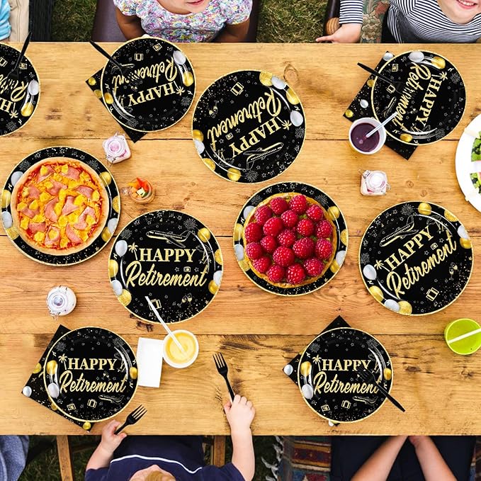 96Pcs Happy Retirement Party Supplies Black Gold Plates and Napkins