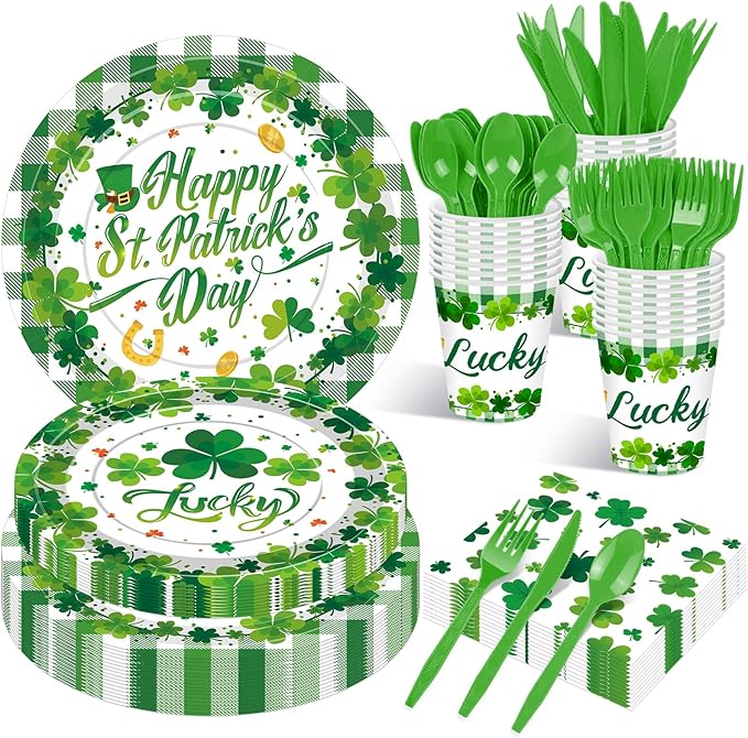 175 Pcs St Patrick's Day Tableware Set Serves 25 Green Lucky