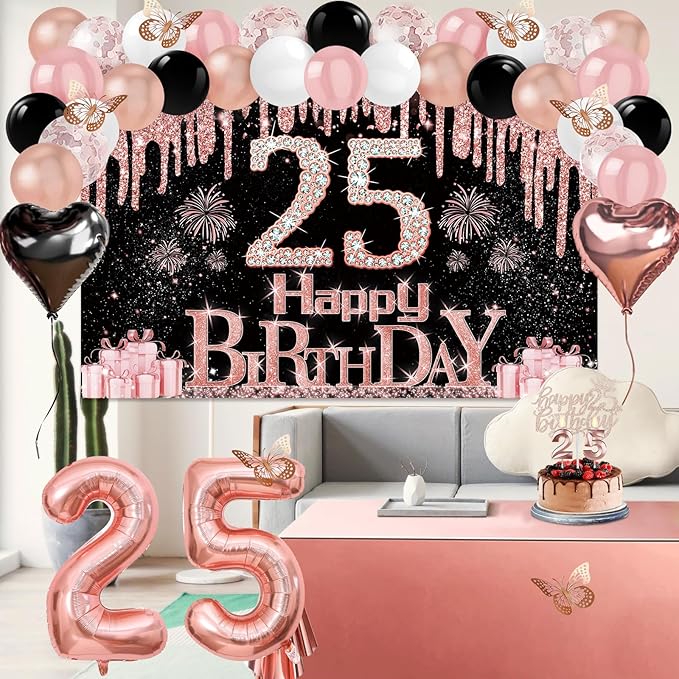 25th Birthday Decorations for Women 49pcs Black Rose Gold Black