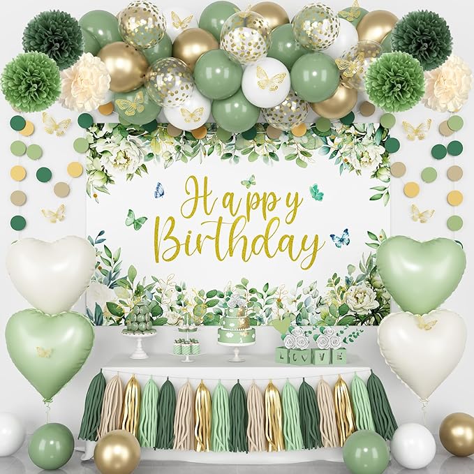 Sage Green Birthday Decorations Kit for Green Neutral Boho Party