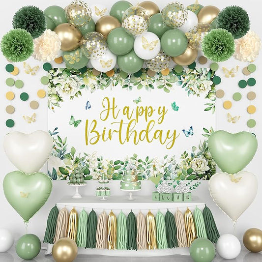 Sage Green Birthday Decorations Kit for Green Neutral Boho Party