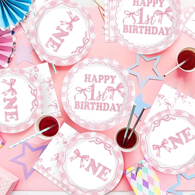 96Pcs Pink Bow 1st Birthday Party Decorations Cute Coquette Birthday