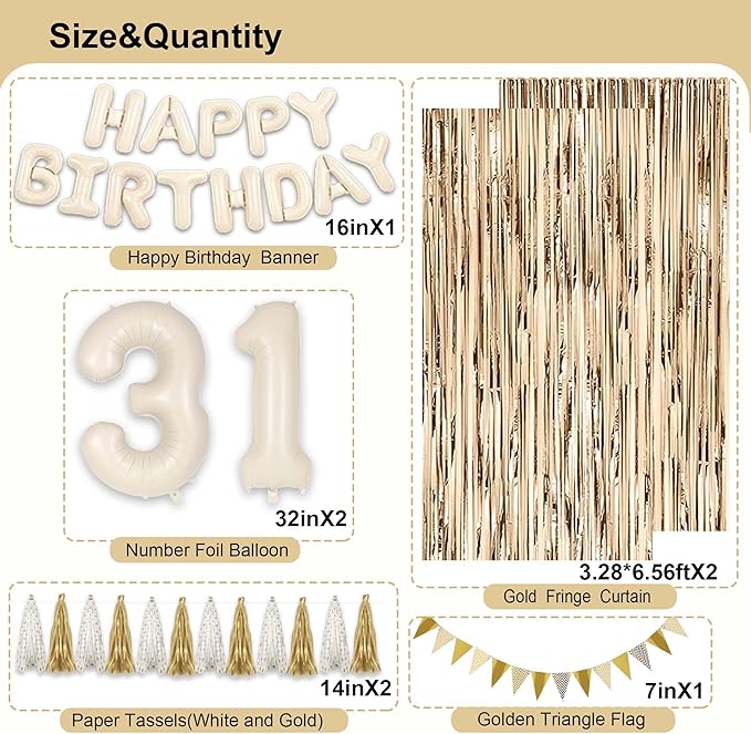 31st Birthday Decorations for Women, White and Gold 31 Boho Birthday
